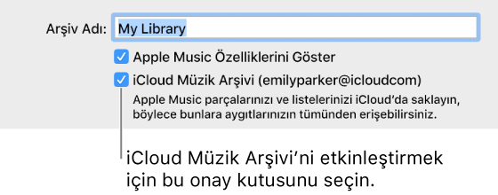 iTunes’daki Genel Tercihler’de iCloud Müzik Arşivi onay kutusu.