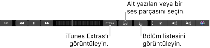 iTunes Extras, altyazılar ve bölüm listesi düğmelerini içeren Touch Bar denetimleri.
