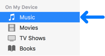 The On My Device section of the sidebar showing Music selected.