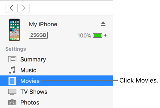The Device window, with Movies selected in the sidebar on the left.