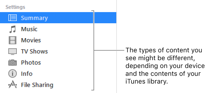 Summary is selected in the sidebar on the left. The types of content that appear might vary, depending on your device and the contents of your iTunes library.