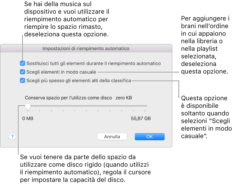 La finestra di dialogo del riempimento automatico che mostra quattro opzioni, dall'alto al basso. Se sul tuo dispositivo sono presenti alcuni brani e vuoi riempire automaticamente lo spazio restante, deseleziona l'opzione “Sostituisci tutti gli elementi durante il riempimento automatico”. Per aggiungere brani nell'ordine in cui compaiono nella libreria o nella playlist selezionata, deseleziona l'opzione “Scegli elementi in modo casuale”. L'opzione successiva, “Scegli più spesso gli elementi alti della classifica” è disponibile solo quando è selezionata l'opzione “Scegli elementi in modo casuale”. Se vuoi tenere libero dello spazio da utilizzare come disco rigido, regola il cursore per impostare la capacità del disco.