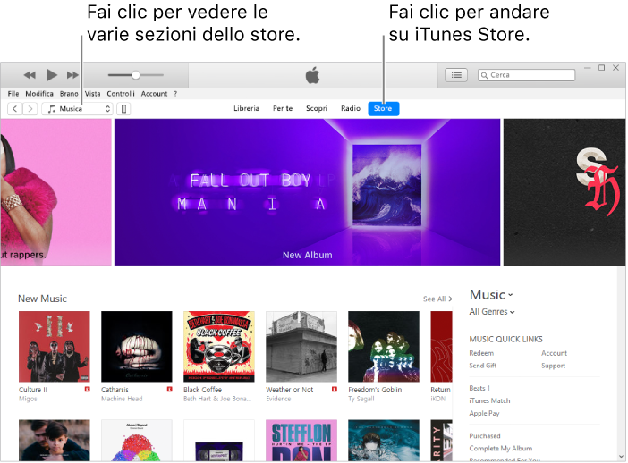 Finestra principale di iTunes Store: nella barra di navigazione, Store è evidenziato. Nell'angolo superiore sinistro, puoi scegliere di visualizzare contenuti diversi, ad esempio, musica o programmi TV.