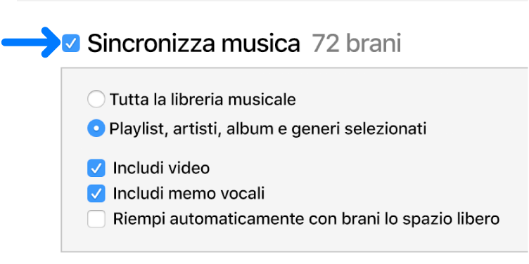 La voce “Sincronizza musica”, vicino alla parte superiore sinistra, è selezionata e mostra le opzioni per sincronizzare l'intera libreria o solo gli elementi selezionati.