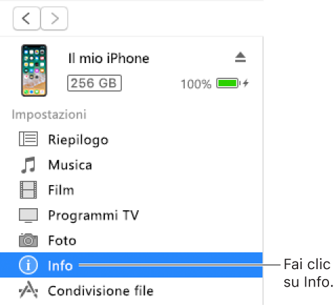 La finestra Dispositivo, con la voce Info selezionata nella barra laterale a sinistra.