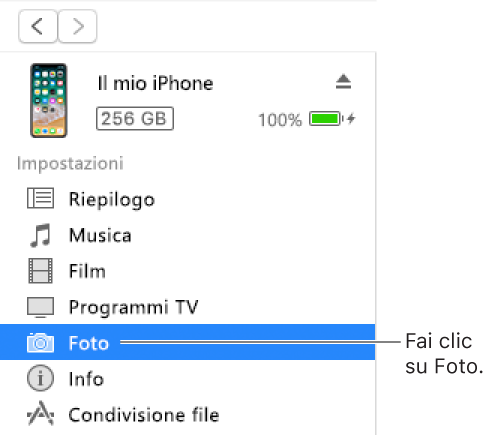 La finestra Dispositivo, con la voce Foto selezionata nella barra laterale a sinistra.