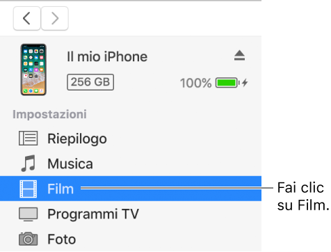 La finestra Dispositivo, con la voce Film selezionata nella barra laterale a sinistra.