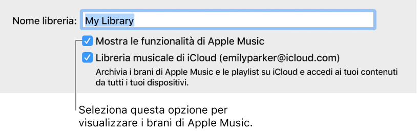 Casella di controllo relativa alla libreria musicale di iCloud nelle preferenze Generali.