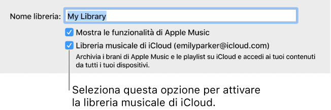Casella di controllo relativa alla libreria musicale di iCloud nelle preferenze Generali.