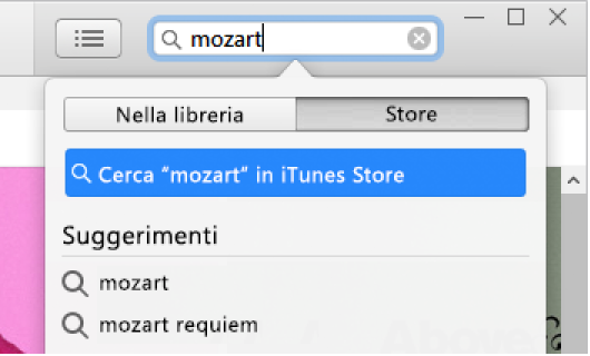 Campo di ricerca in cui è stata inserita la voce “Mozart”. Nel menu di scelta rapida Posizione, è selezionato Store.