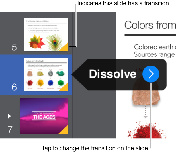 A yellow triangle on a slide indicates the slide has a transition.