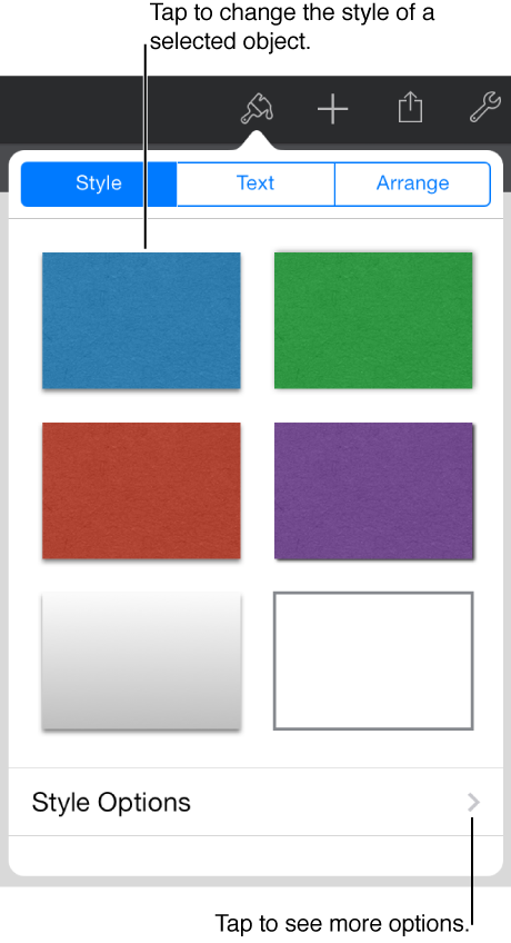 Style pane of Format inspector, showing predesigned objects and controls for modifying objects.