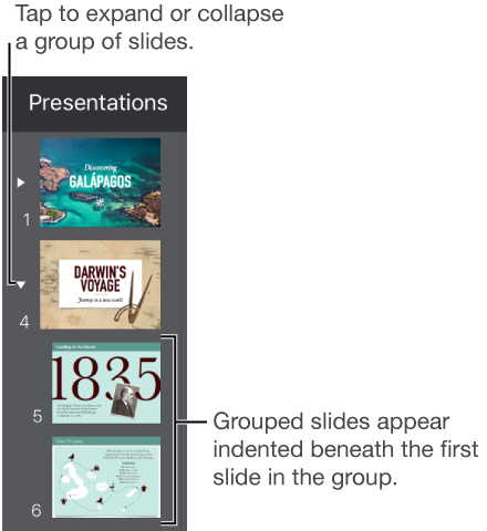 Slide navigator showing indented slides.