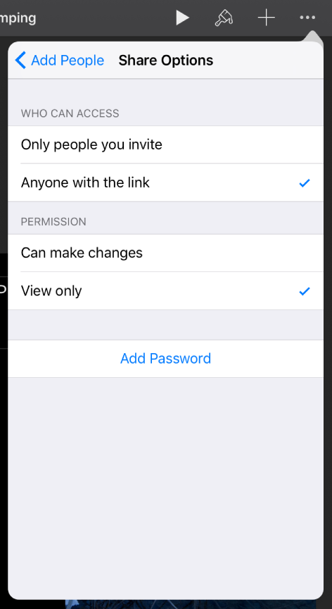 The Share Options screen with the “Who can access” option set to “Anyone with the link,” and the “Permission” option set to “View only.”