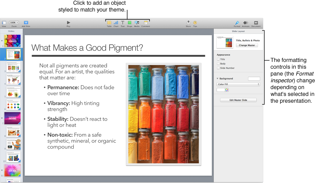 Main window with format inspector open