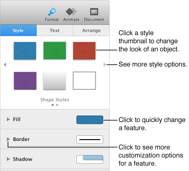 Style pane of Format inspector, showing predesigned objects and controls for modifying objects.