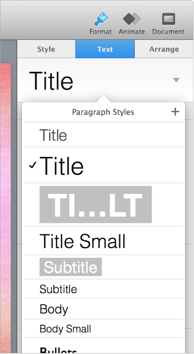 Paragraph Styles pop-up menu. 