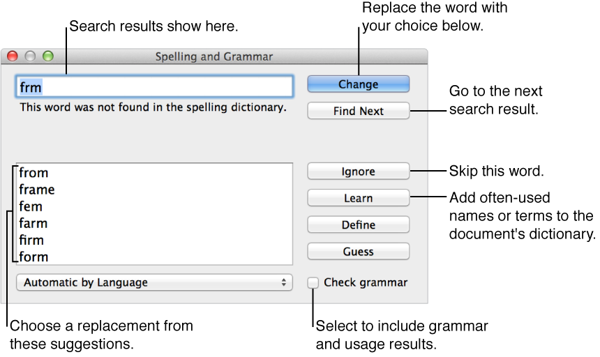 Spelling and Grammar window