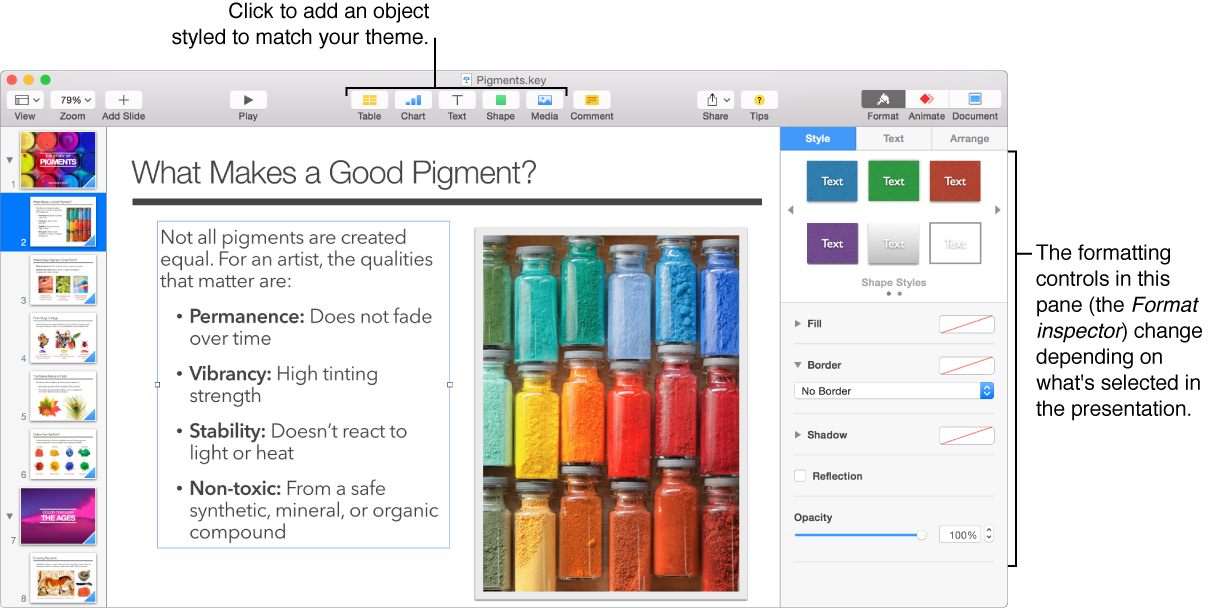 Main window with format inspector open