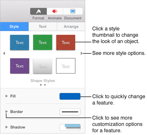 Style pane of Format inspector, showing predesigned objects and controls for modifying objects.