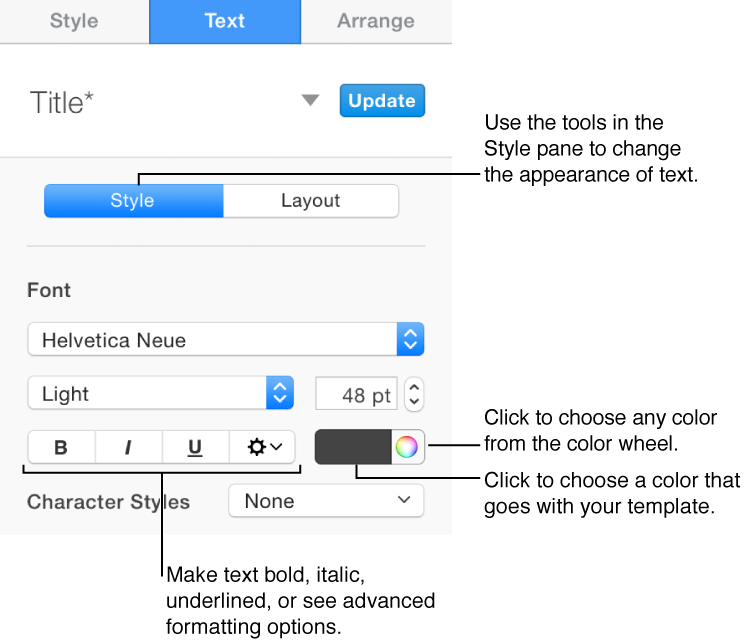 Format inspector with Style pane open, showing color controls and text formatting options.