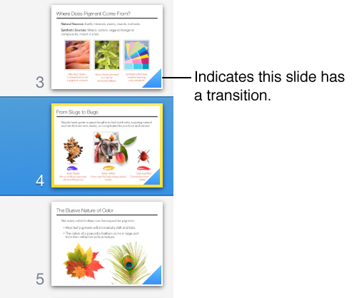 A blue triangle on a slide indicates the slide has a transition.