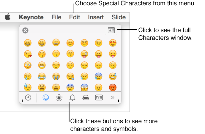 The Special Characters window showing emoticons, buttons for different types of symbols at the bottom, and a callout to a button to show the full Characters window
