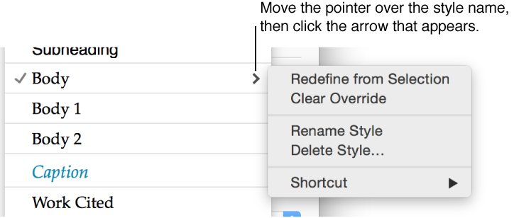 Paragraph Styles pop-up menu with a submenu of options for Redefine from Selection, Clear Override, Rename Style, Delete Style, and Shortcut