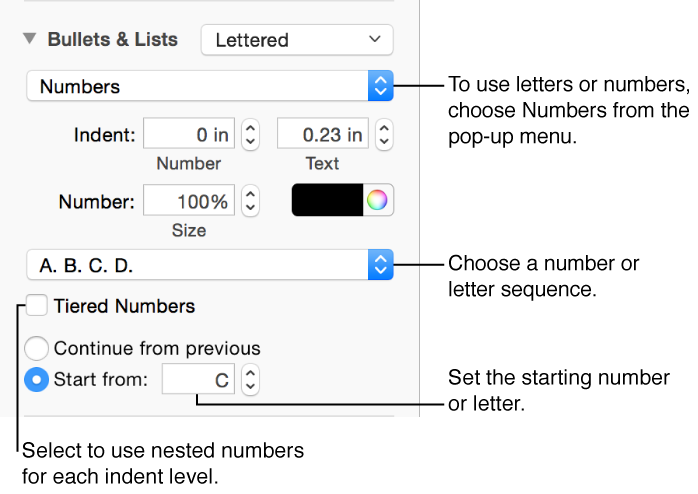Controls to format numbers and letters in lists