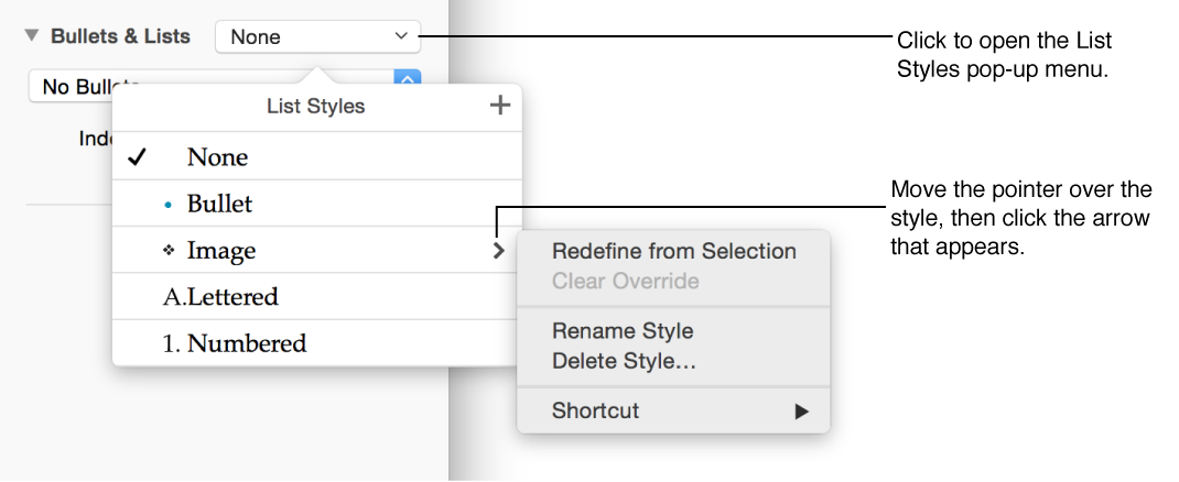 List Styles pop-up menu with a submenu of options for Redefine from Selection, Clear Override, Rename Style, Delete Style, and Shortcut