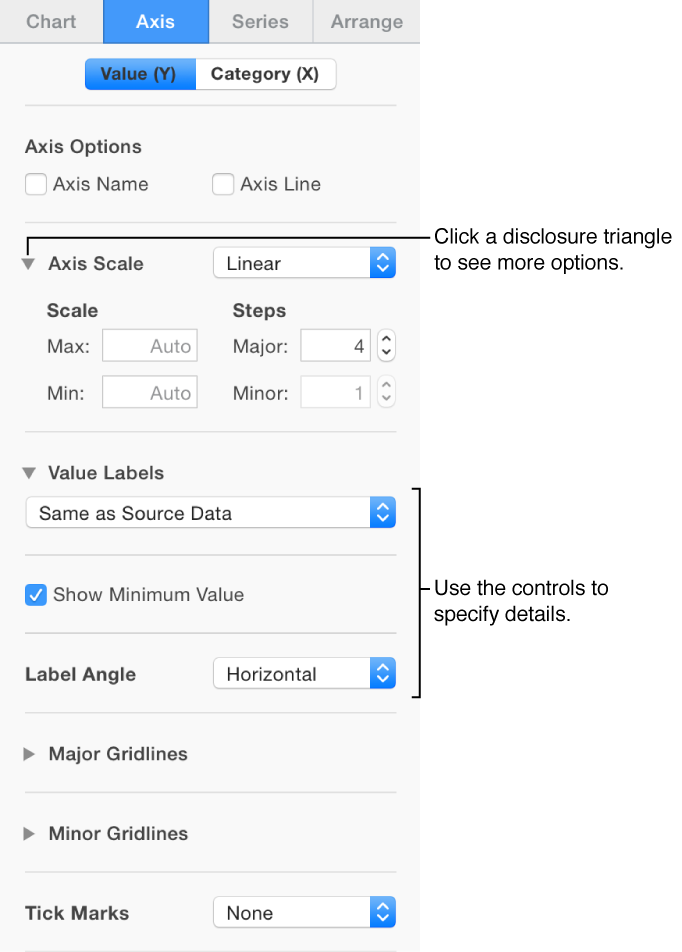 Controls for formatting chart axis markings