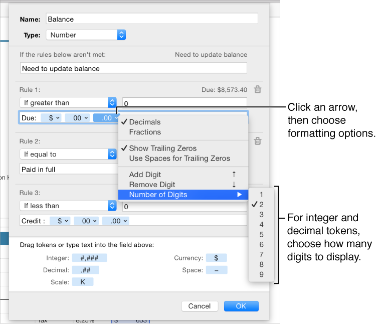 Click a disclosure triangle on a token to choose formatting options.