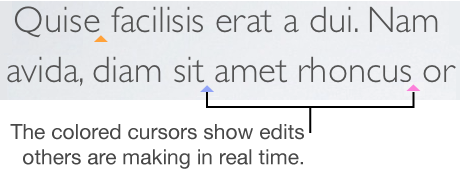 Text with colored triangles where collaborators are editing