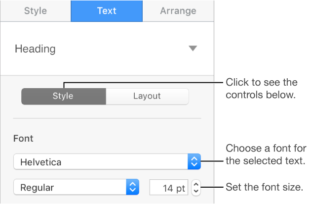 Text controls in the Style section of the sidebar for setting font and font size
