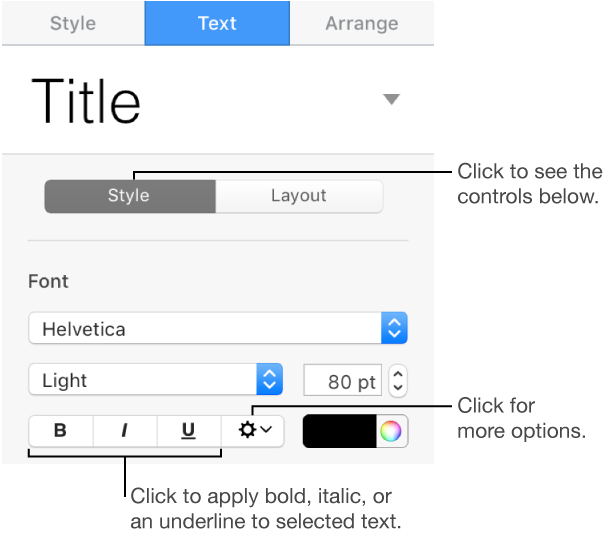 The Style controls in the sidebar with callouts to the Bold, Italic, and Underline buttons