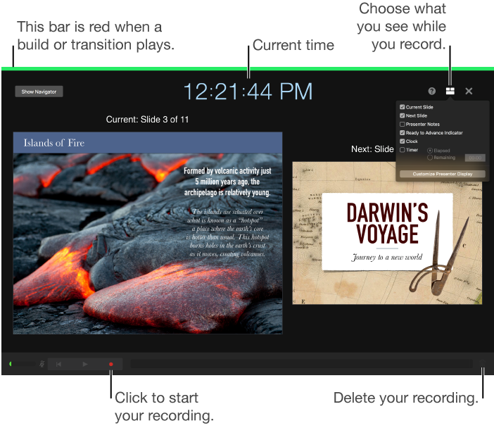 Screenshot of voice recording mode on the presenter display. The current and next slide, the current time, and the presenter display controls are visible. The control to start and end the recording and the control to delete the recording appear near the bottom of the display.
