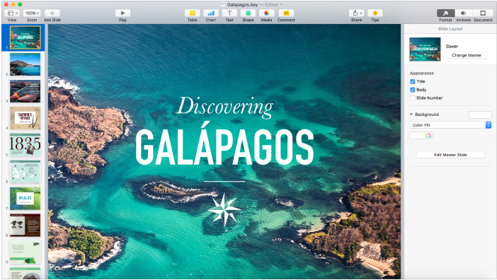 An open presentation with the Master Slide Layout sidebar open.