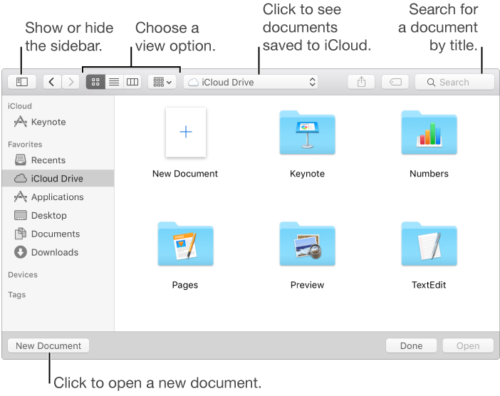 The Open window with iCloud Drive selected in the sidebar, a New Document button in the lower-left corner, and the Keynote folder on the right
