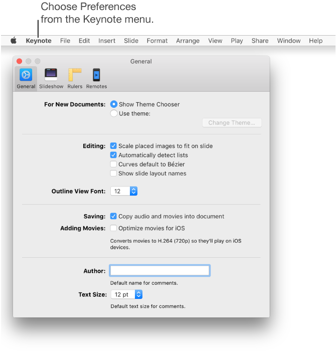 The Keynote preferences window open to the General pane