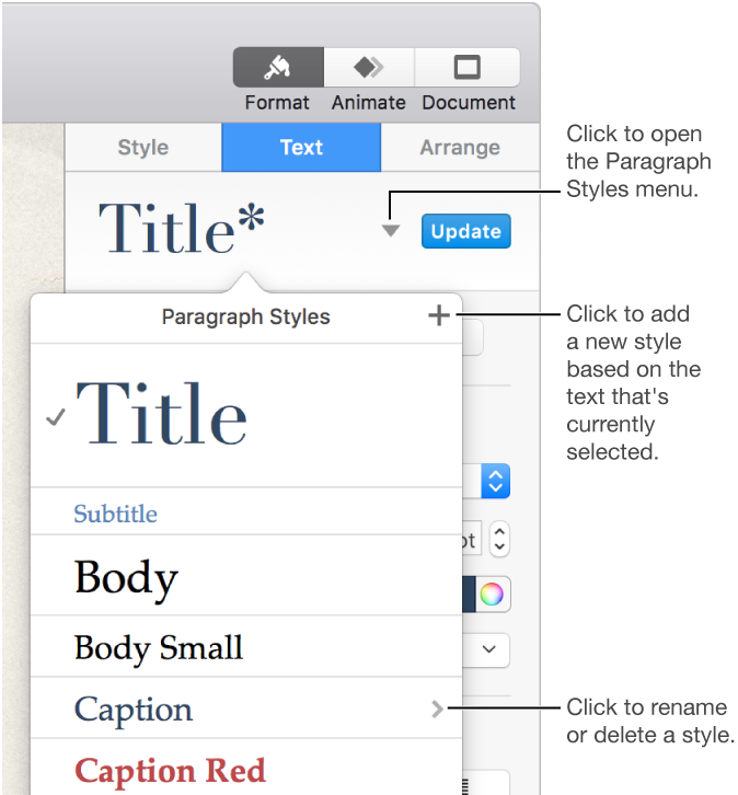 The Paragraph Styles pop-up menu, showing controls to add or change a style