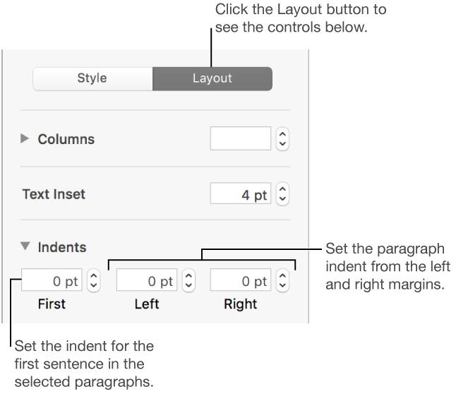 The Layout section of the Format sidebar showing controls for setting the first line indent and paragraph margins