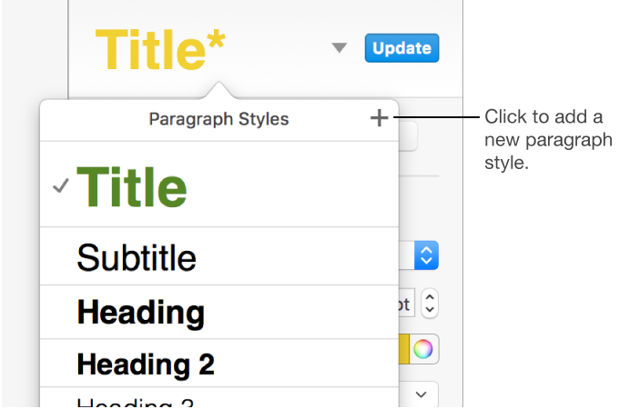 The paragraph styles pop-up menu with a callout to the New Style button