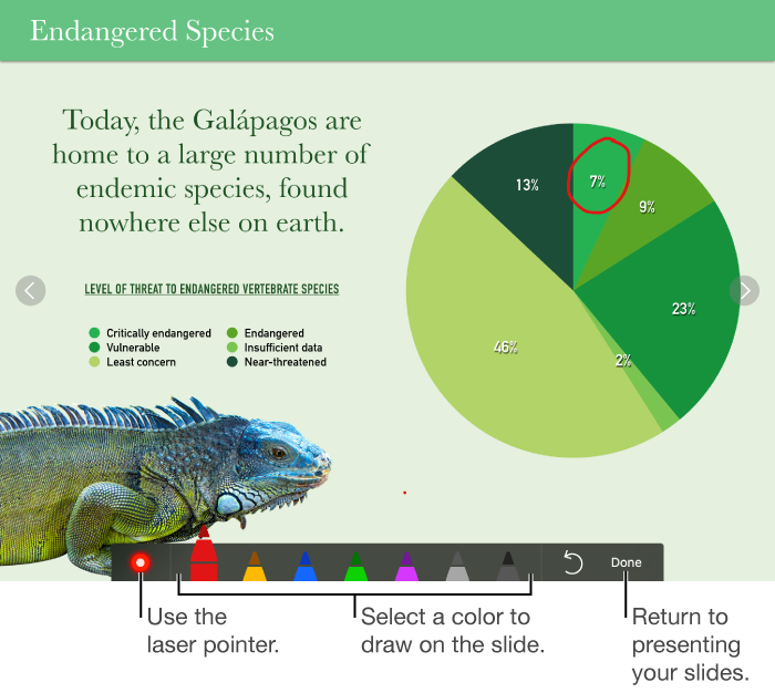 Slide illustration mode showing the laser pointer and color selection controls
