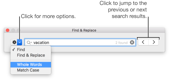 The Find & Replace window with callouts to the button to show options for Find, Find & Replace, Whole Words, and Match Case. Arrows on the right let you jump to the previous or next search results