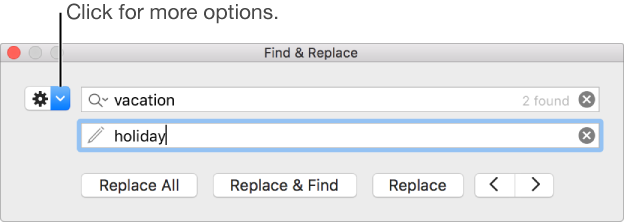 The Find & Replace window with a callout to the button to show more options