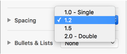 The Spacing pop-up menu with Single, Double, and other options