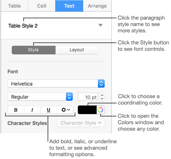 The Style section of the Text tab with callouts to the paragraph style and controls for changing the character style and color for text