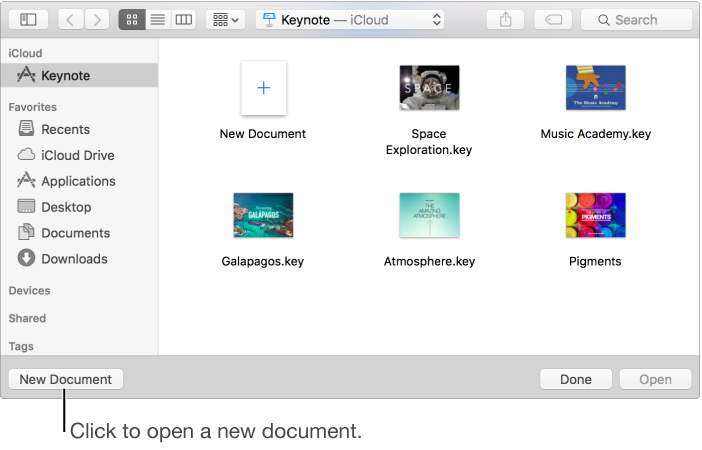 The Open window with a New Document button in the lower-left corner