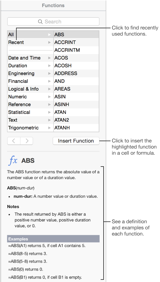 The Function Browser with callouts to recently used functions, the Insert Function button, and the function definition