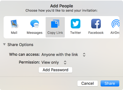The Share Options section of the collaboration dialog open, with the “Who can access” and the “Permission” menus showing.